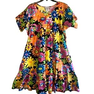 Womens Floral Babydoll Lounge Dress Mumu Nightgown Cotton Ruffle Hem L 12 / 14